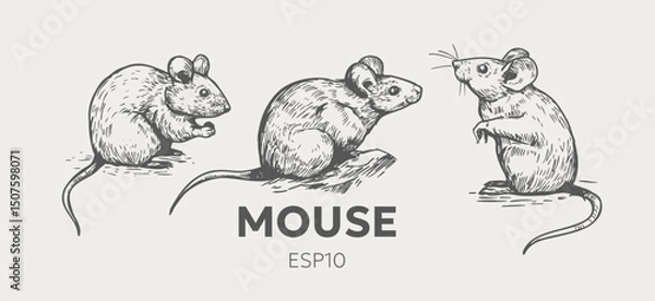 Fototapeta Mouse, rat, realistic illustration, vector sketch, hand drawn, monochrome