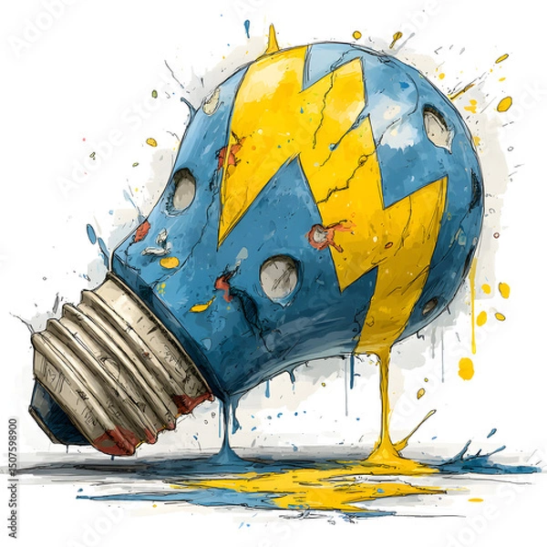 Fototapeta Graffiti-style lightbulb with lightning bolts and creative chaos, isolated on white background