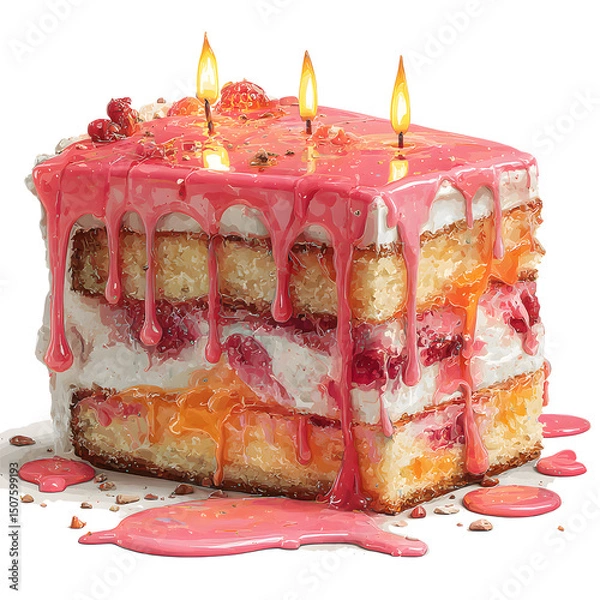 Fototapeta Graffiti-style slice of cake with candles dripping spray paint, isolated on white background