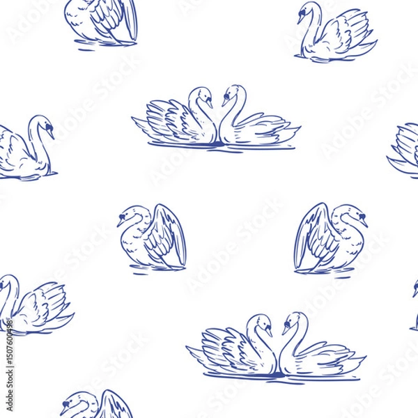 Fototapeta Swan, seamless pattern, vector sketch illustrations, hand drawn, monochrome