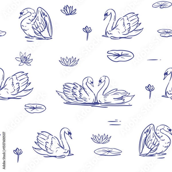 Fototapeta Swan, seamless pattern, vector sketch illustrations, hand drawn, monochrome