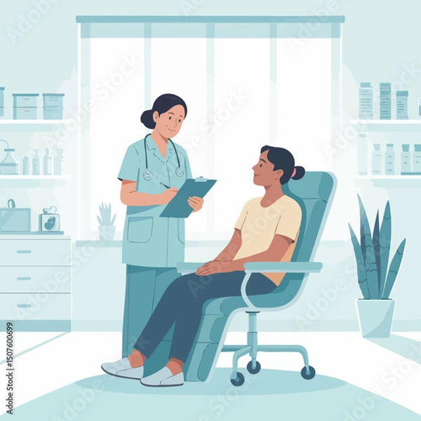 Obraz Flat Vector Illustration of Female Doctor Consulting Patient in Clinic – Modern Minimal Healthcare Concept in Soft Pastel Colors
