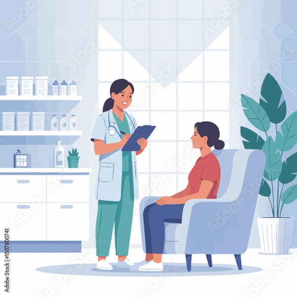 Obraz Flat Vector Illustration of Female Doctor Consulting Patient in Clinic – Modern Minimal Healthcare Concept in Soft Pastel Colors