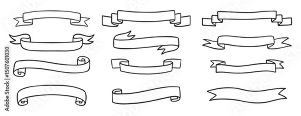 Obraz ribbons template for text doodle hand drawn icon set. Outline drawing medieval ribbons template line clipart symbol collection