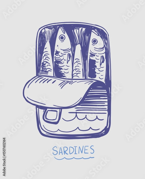Fototapeta Sardines in a can, fish, seafood, vector illustration set, hand drawn sketch