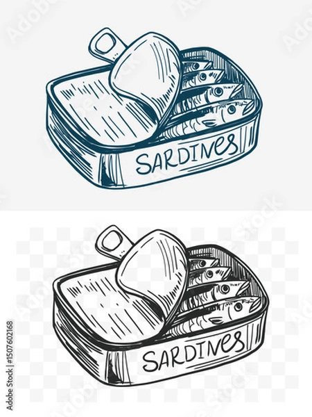 Fototapeta Sardines in a can, fish, seafood, vector illustration set, hand drawn sketch