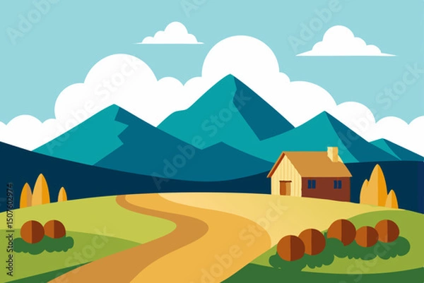 Fototapeta Vector illustration of a rural mountain landscape with green grass, trees, and a clear sky