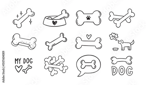 Obraz Hand drawn doodle bone for dogs set. Outline isolated drawing bones on white background. Line bone icons. 