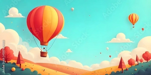 Fototapeta Colored hot air balloon with two people inside the basket over a yellow field with some trees and a blue sky