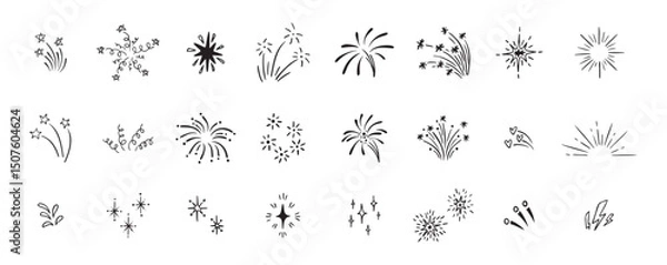 Obraz Set of cute fireworks line doodle elements. Lightning, explosion, sunburst, fireworks, bling, motion effects Party, birthday, anniversary and Christmas.
