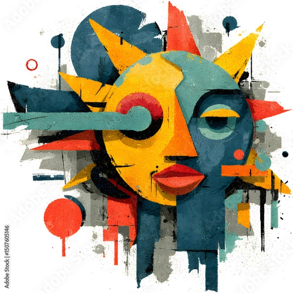 Fototapeta Graffiti-style abstract sun design with bold colors and dynamic lines, isolated on white background