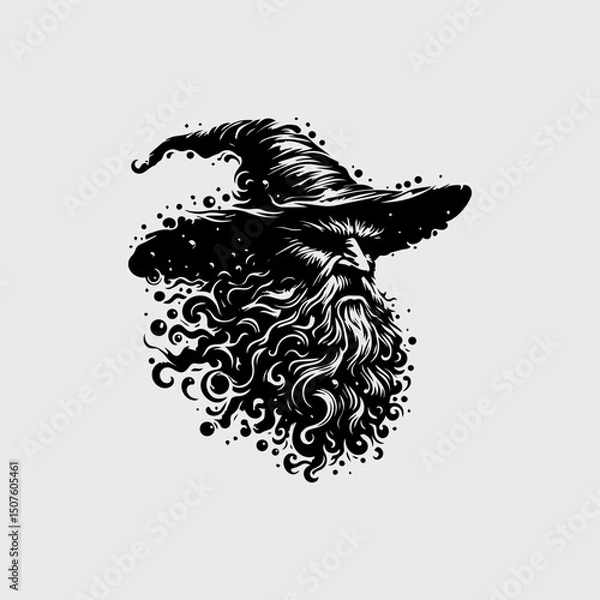 Fototapeta Serious sorcerer or wizard face with a long flowing beard and pointed hat. Fantasy concept
