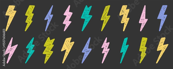 Fototapeta Crayon thunder doodle set. Chalk pencil lightning in sketch style. Hand drawn vector illustration isolated on black background.