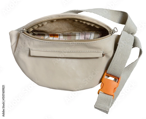 Fototapeta empty grey waist bag with orange clasp isolated