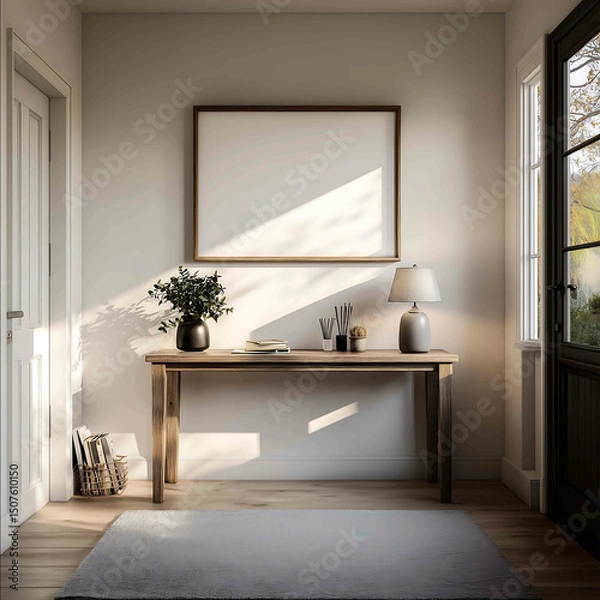Obraz A photorealistic farmhouse style entryway with a Horizontal 43 Blank thin wooden frame on the wall a wooden table below with with a small green plant and lamp