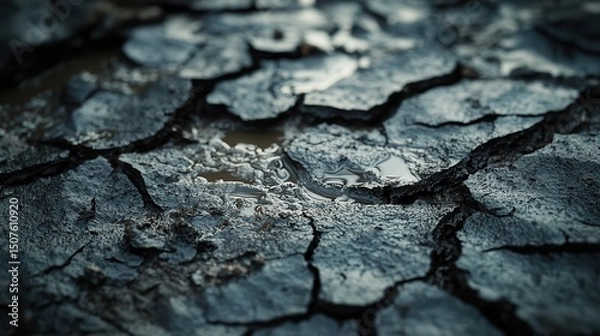 Fototapeta Dry Ground with Cracks and Rainwater Pools in Arid Landscape Close-up View