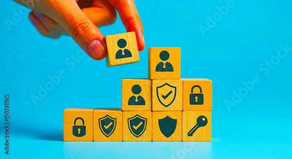 Fototapeta Hand placing a wooden block with a person icon on top of a pyramid of security themed blocks