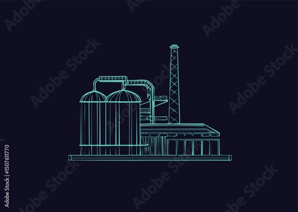 Fototapeta Dark illustration of neon factory with pipes; chimneys and industrial objects; buildings.