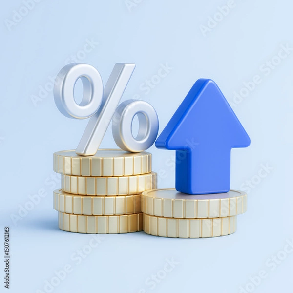 Obraz 3D Illustration of Coins with Percent and Arrow Icon – Economic Growth & Interest Rate Concept