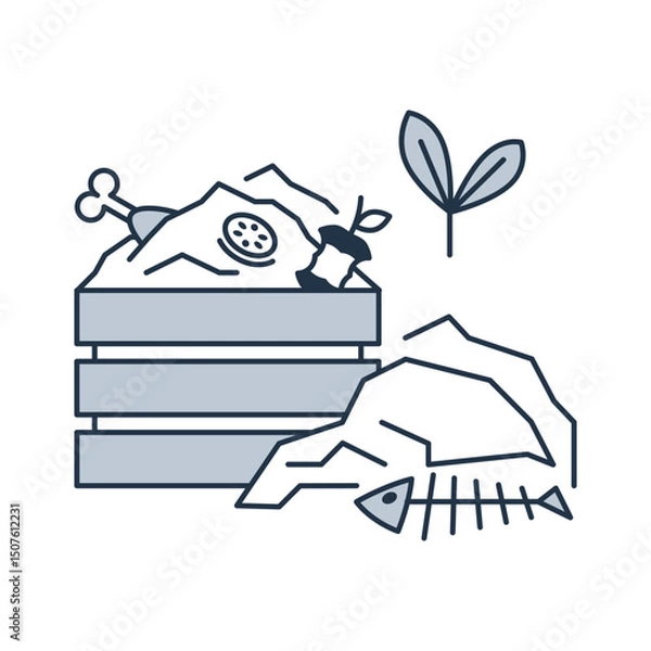 Obraz Organic waste icon. Box with a pile of compost, food garbage, and agricultural trash. Vector line pictogram isolated on a white background.