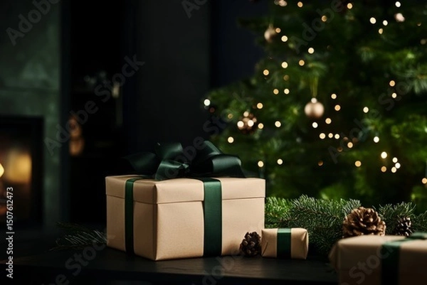 Obraz Festive Presents Wrapped in Elegant Paper Beside a Beautifully Decorated Christmas Tree