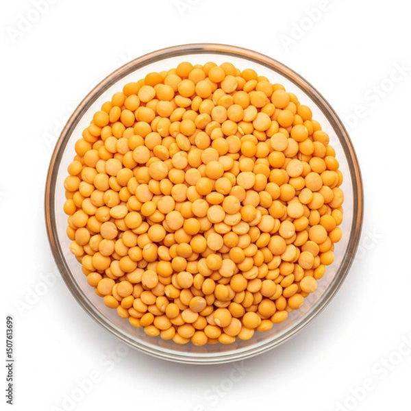 Obraz Close-up of whole toor dal (pigeon peas) in a borosilicate bowl, scattered texture, top-view, white background
