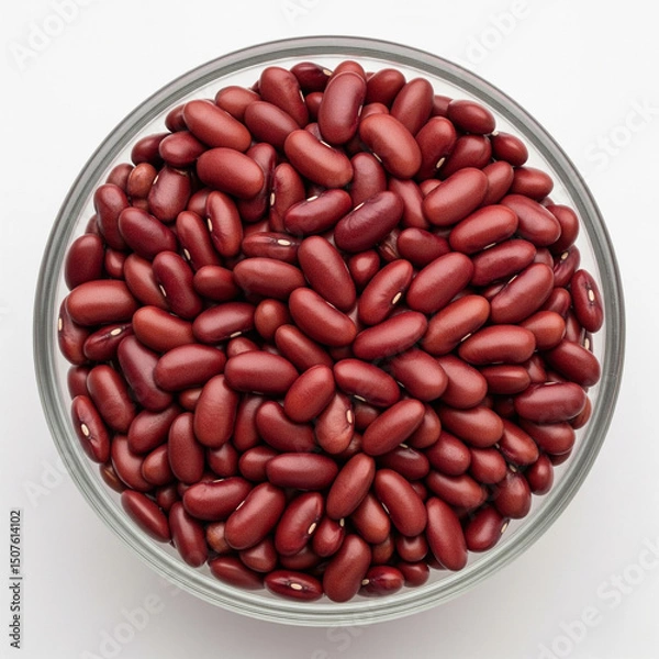 Obraz Top-view macro shot of rajma (kidney beans) in a borosilicate glass bowl, cleanly scattered, isolated on white background
