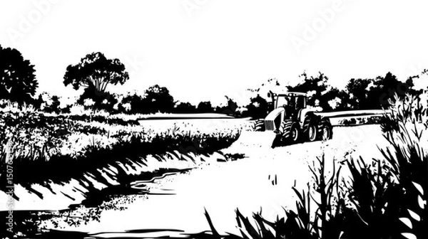 Obraz Farmers installing protective stream buffers, black vector graphic