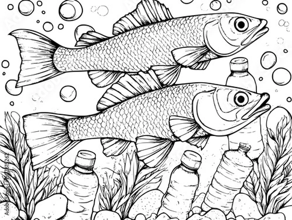 Obraz Fish swimming through plastic bottles, vector illustration