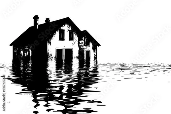 Obraz Floating homes withstanding rising waters, black vector graphic