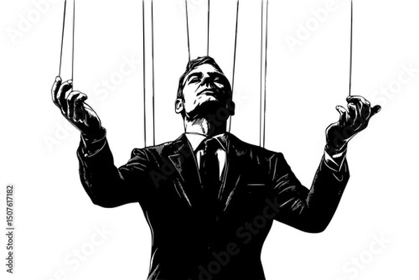 Fototapeta Politician with puppet master strings, black vector graphic