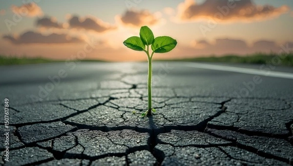 Fototapeta A small sprout breaking through the asphalt, filmed in close-up - a contrast of life and strength