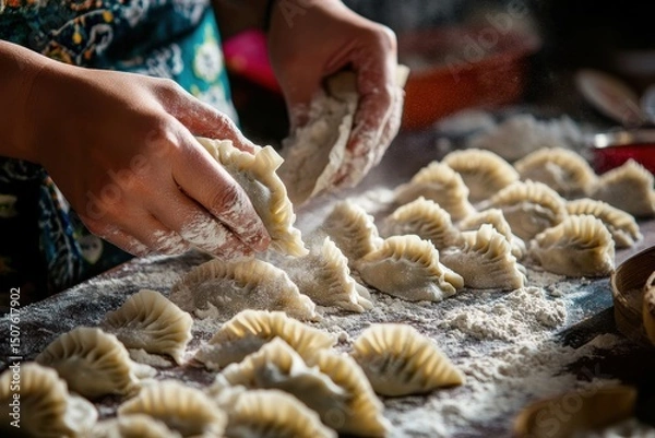 Fototapeta Close-up of Hands Preparing Fresh Dumplings Sprinkled with Flour