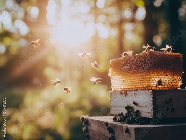 Fototapeta Honeybees swarm around honeycomb structure on a wooden hive in soft sunlight