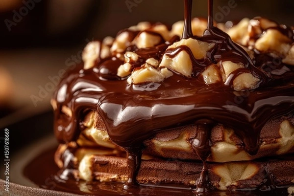 Fototapeta Stack of Waffles with Chocolate Syrup and Macadamia Nuts Being Poured