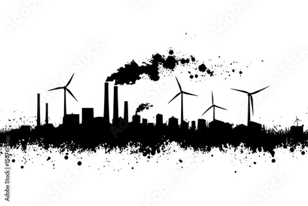 Fototapeta Wind turbines facing coal plants, vector graphic