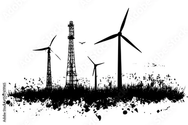 Fototapeta Wind turbines facing oil derricks, vector design