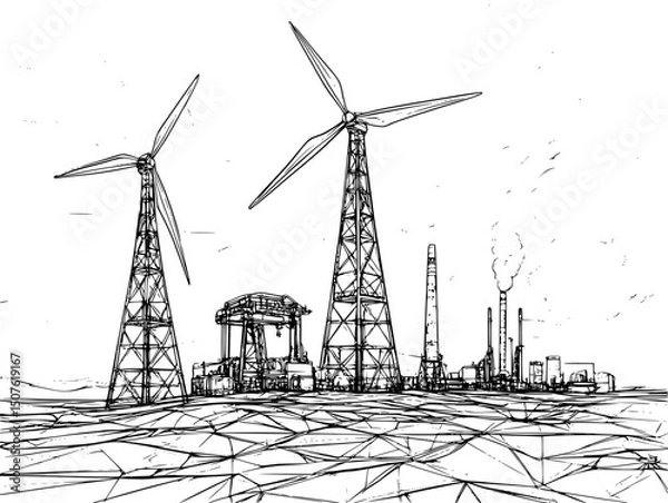 Fototapeta Wind turbines facing oil derricks, vector illustration art