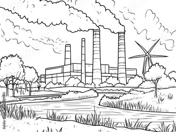 Fototapeta Wind turbines replacing coal stacks, vector design