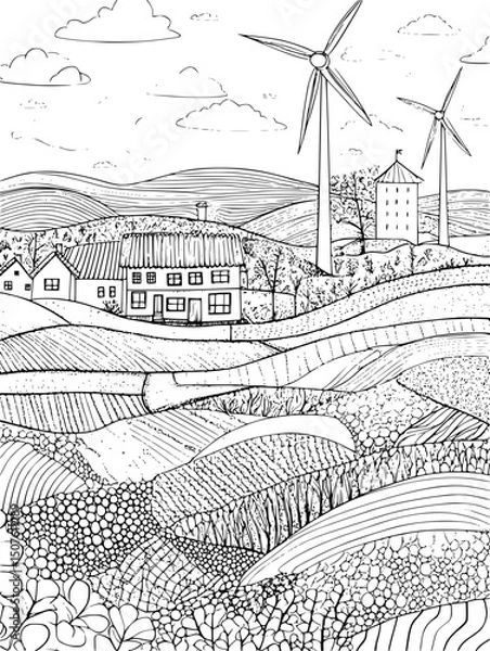 Fototapeta Wind turbines across rolling farm fields, vector design