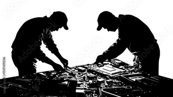 Fototapeta Workers disassembling electronics for parts, vector design