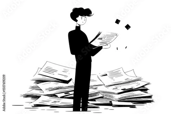Fototapeta Worker comparing paychecks and deductions, vector illustration