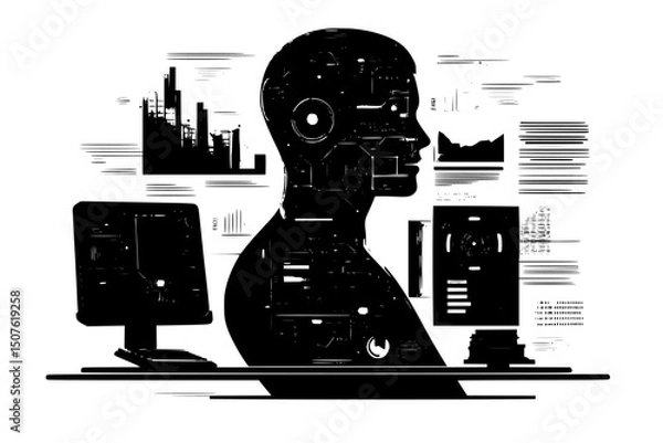 Fototapeta Workplace transformation through artificial intelligence, vector illustration art