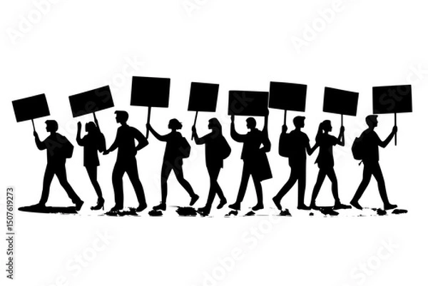 Fototapeta Youth marching with handmade signs, vector illustration