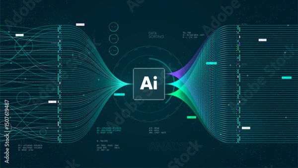 Obraz Big data technology and network analyzing, AI deep learning machine learning algorithm technology for artificial intelligence, Vector visualization information stream analysis, machine data sorting
