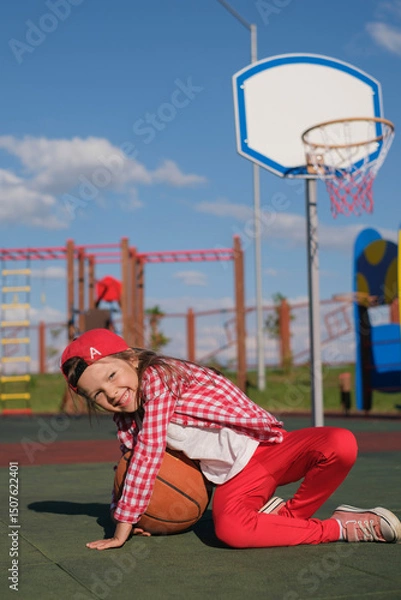 Obraz Funny funky girl in a baseball cap playing with a basketball on the playground