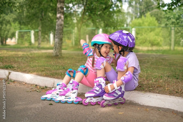 Obraz Laughing humorous sisters put on laughing while sitting on the side of the road relaxing after roller skating