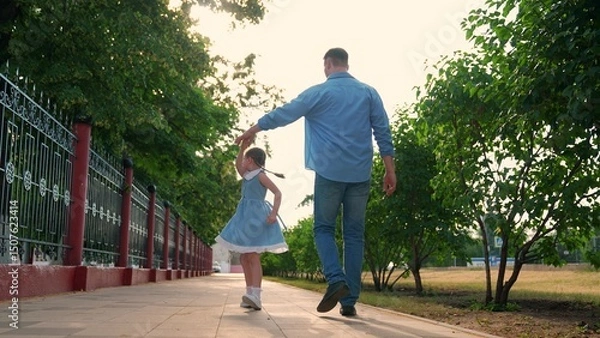 Obraz Child daughter walking with father dancing on street. Carefree dad daughter enjoying walk on street happy girl spinning dancing. Happy family. Fathers day child leisure. Cute child having fun with dad