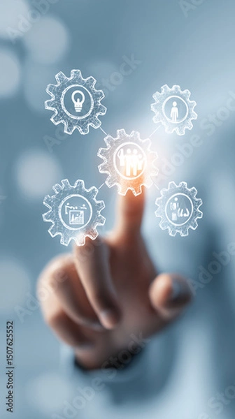 Obraz Hand selecting innovative business concepts through digital gears in a modern workspace