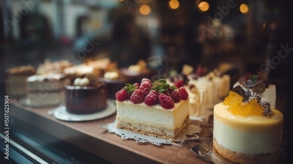 Fototapeta Assortment of elegant cakes displayed in bakery window with raspberries and chocolate